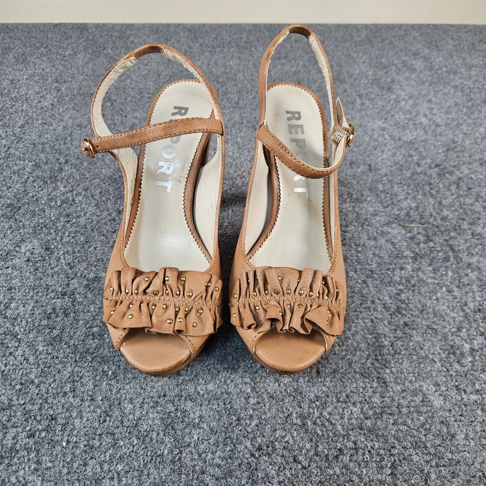 Report Marlowe Tan Leather Ruffle Studded Peep Toe‎ Platform Slingback Heels 6